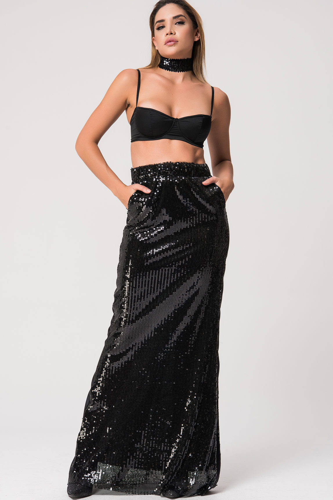 black sequin maxi skirt