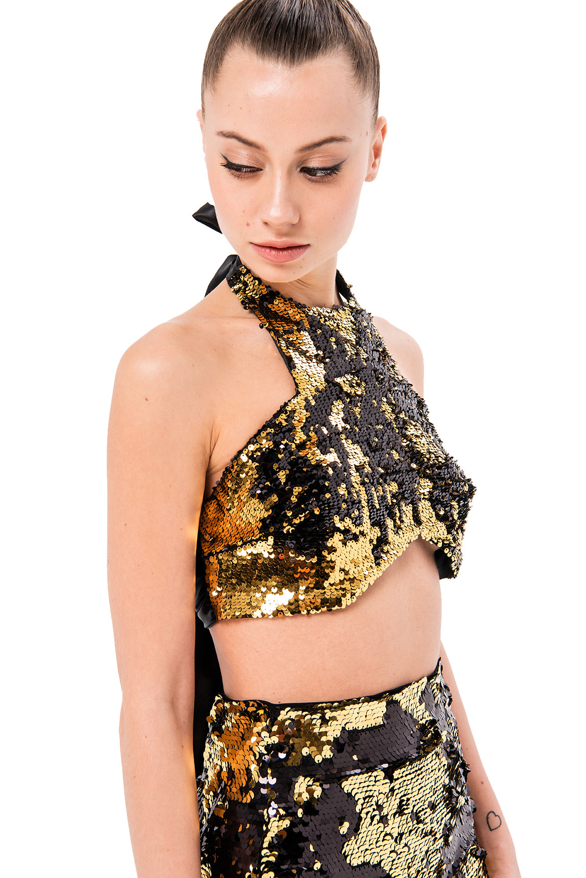 black and gold sequin crop top