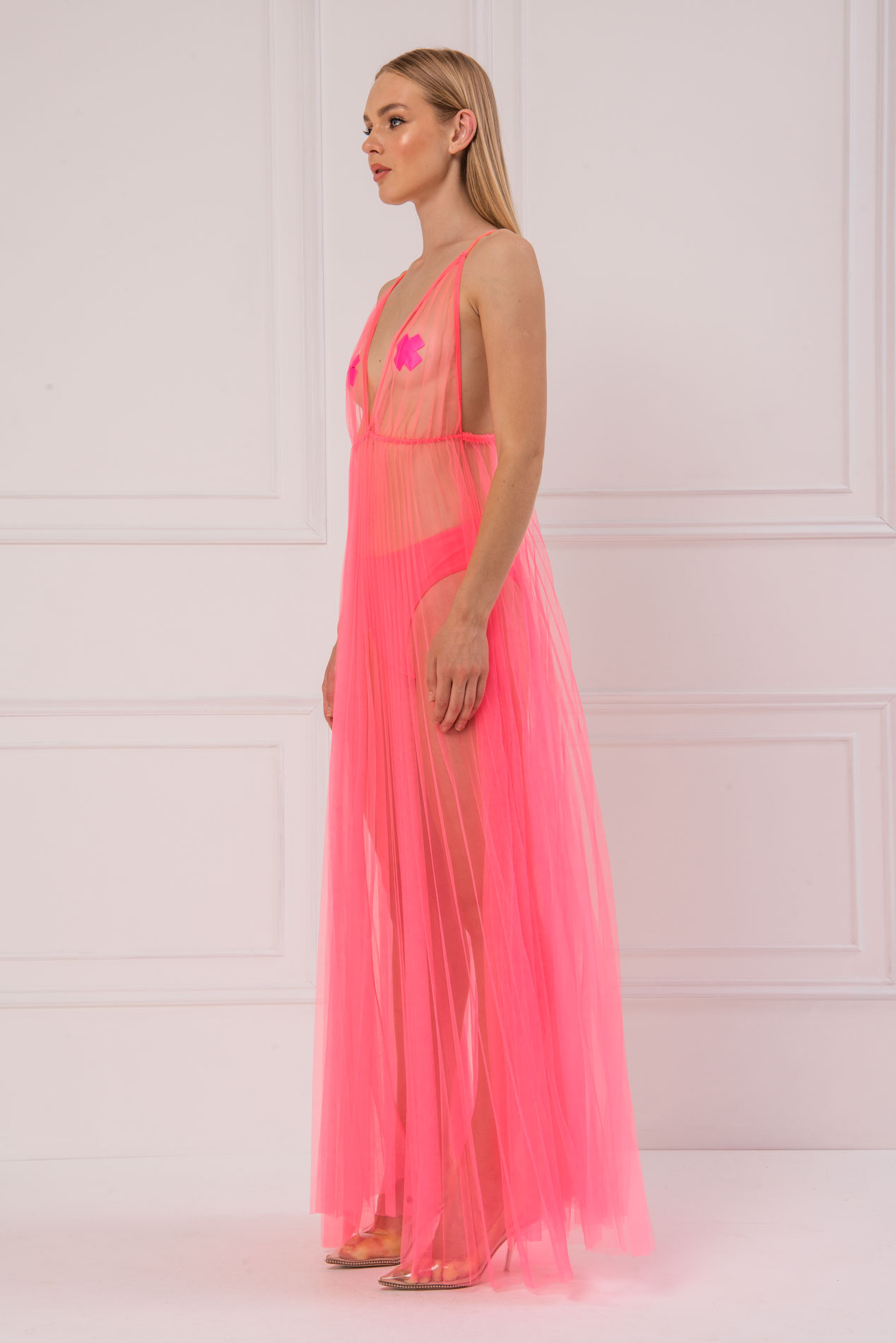 neon pink long dress