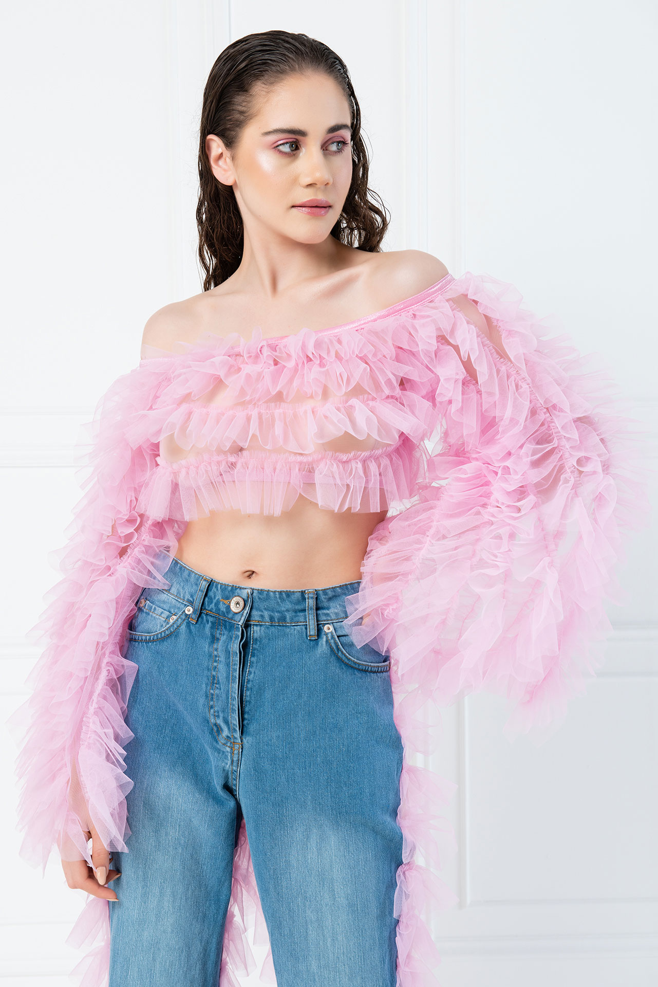 pink ruffle crop top