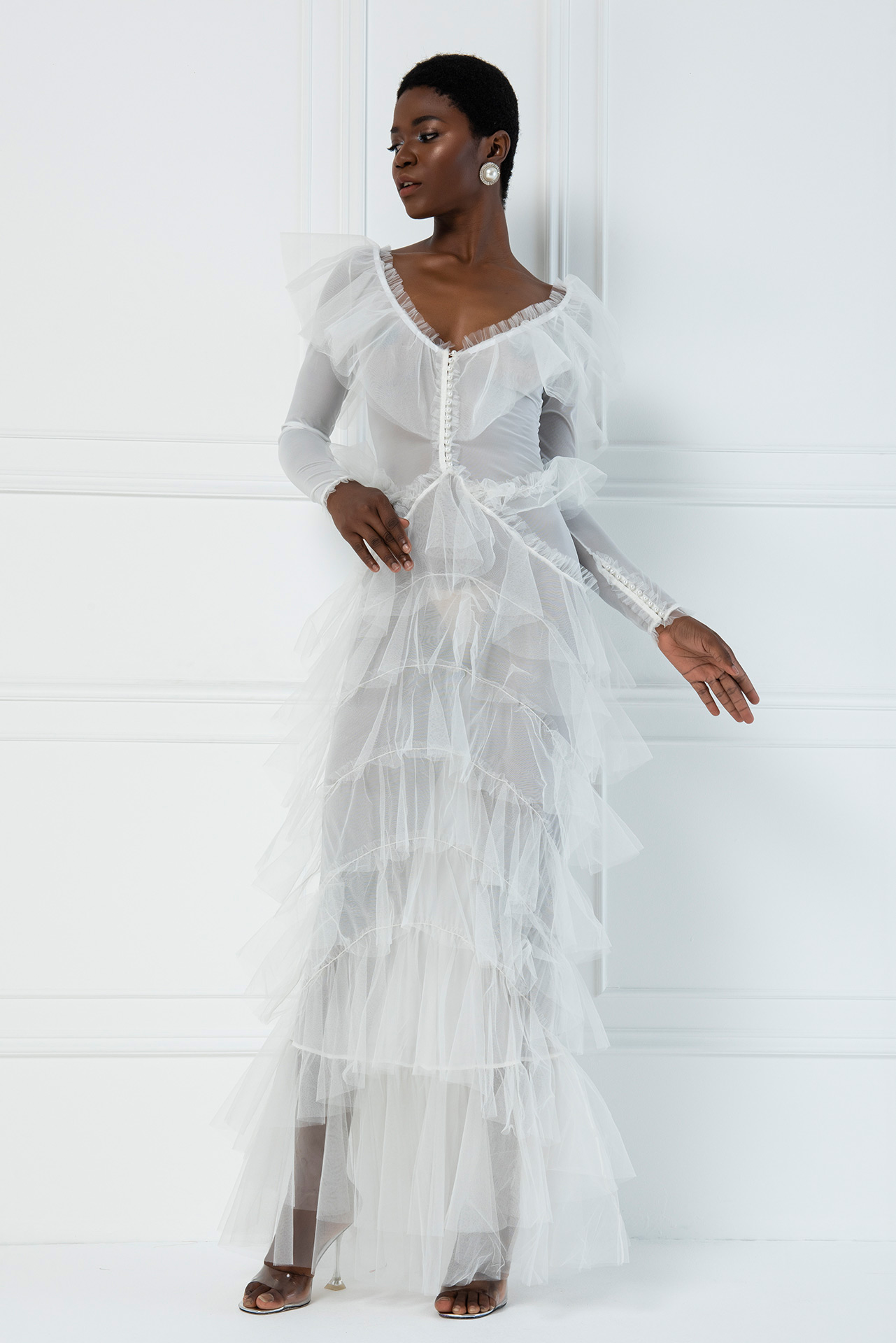 ruffled mesh gown off white