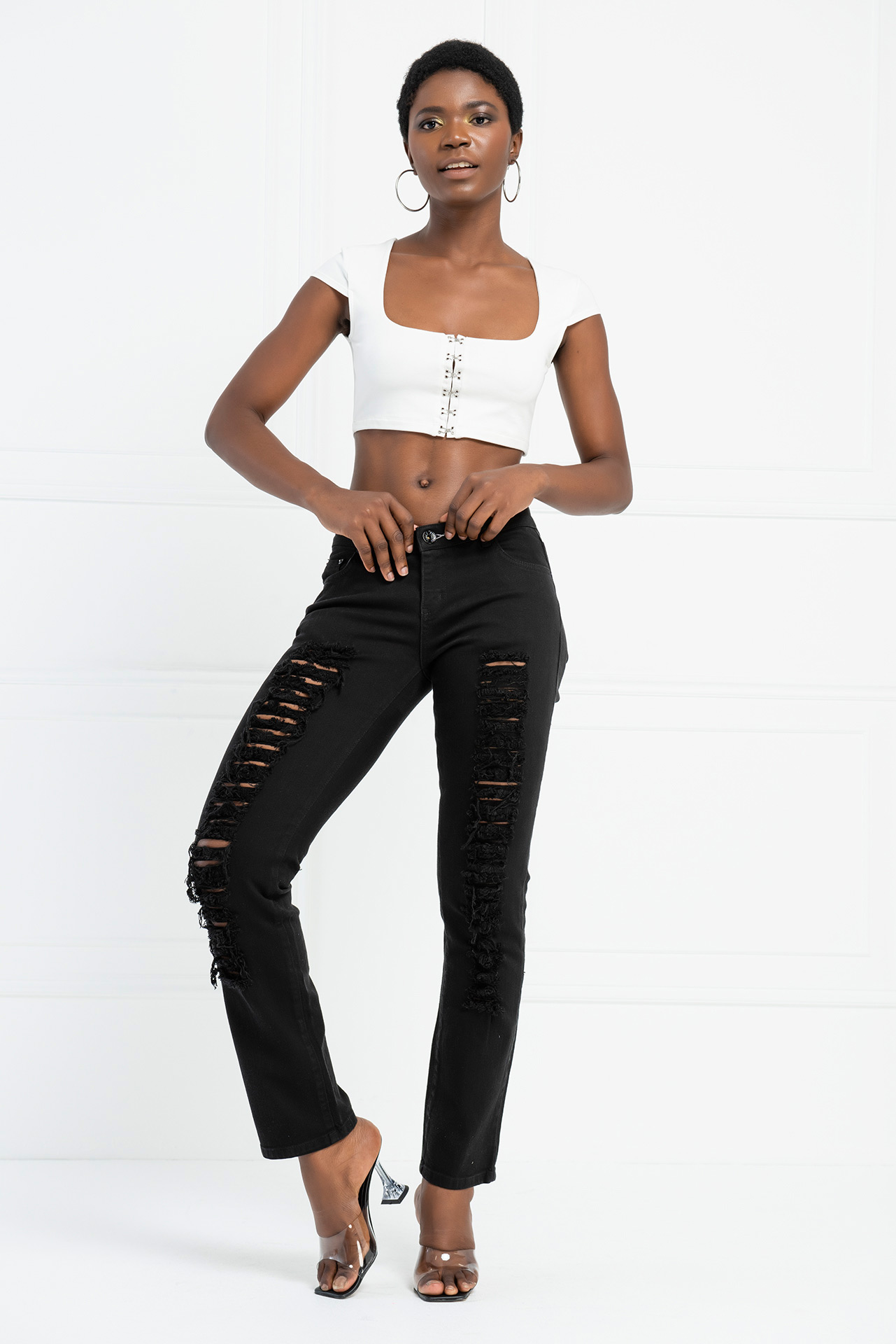 black ripped jeans with chain
