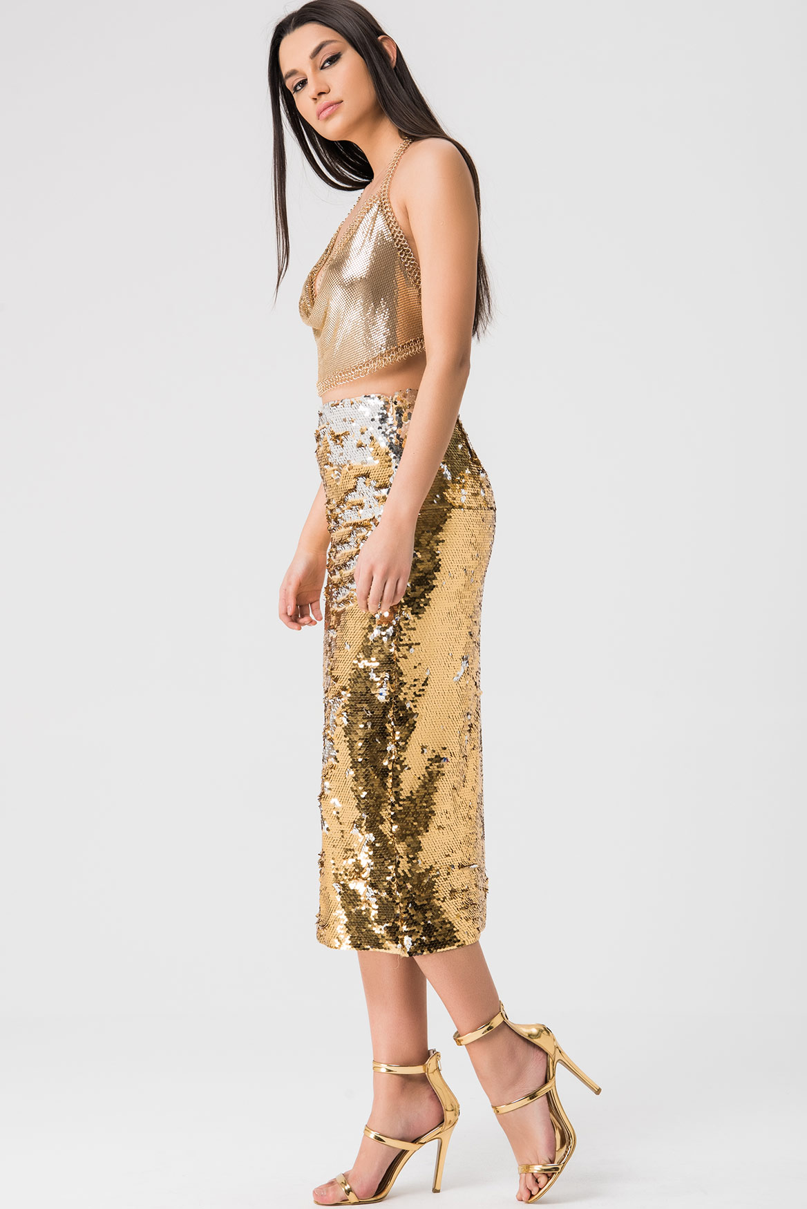 reversible sequin midi skirt